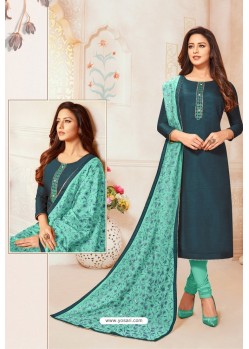 Navy And Turquoise Blue Soft Silk Churidar Suit