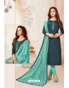 Navy And Turquoise Blue Soft Silk Churidar Suit