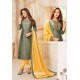 Olive Green And Yellow Soft Silk Churidar Suit