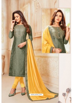 Olive Green And Yellow Soft Silk Churidar Suit