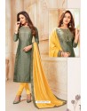 Olive Green And Yellow Soft Silk Churidar Suit