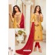 Mustard Yellow And Red Modal Silk Churidar Suit