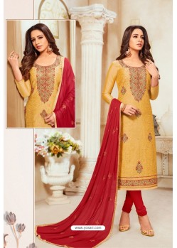 Mustard Yellow And Red Modal Silk Churidar Suit