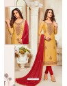 Mustard Yellow And Red Modal Silk Churidar Suit