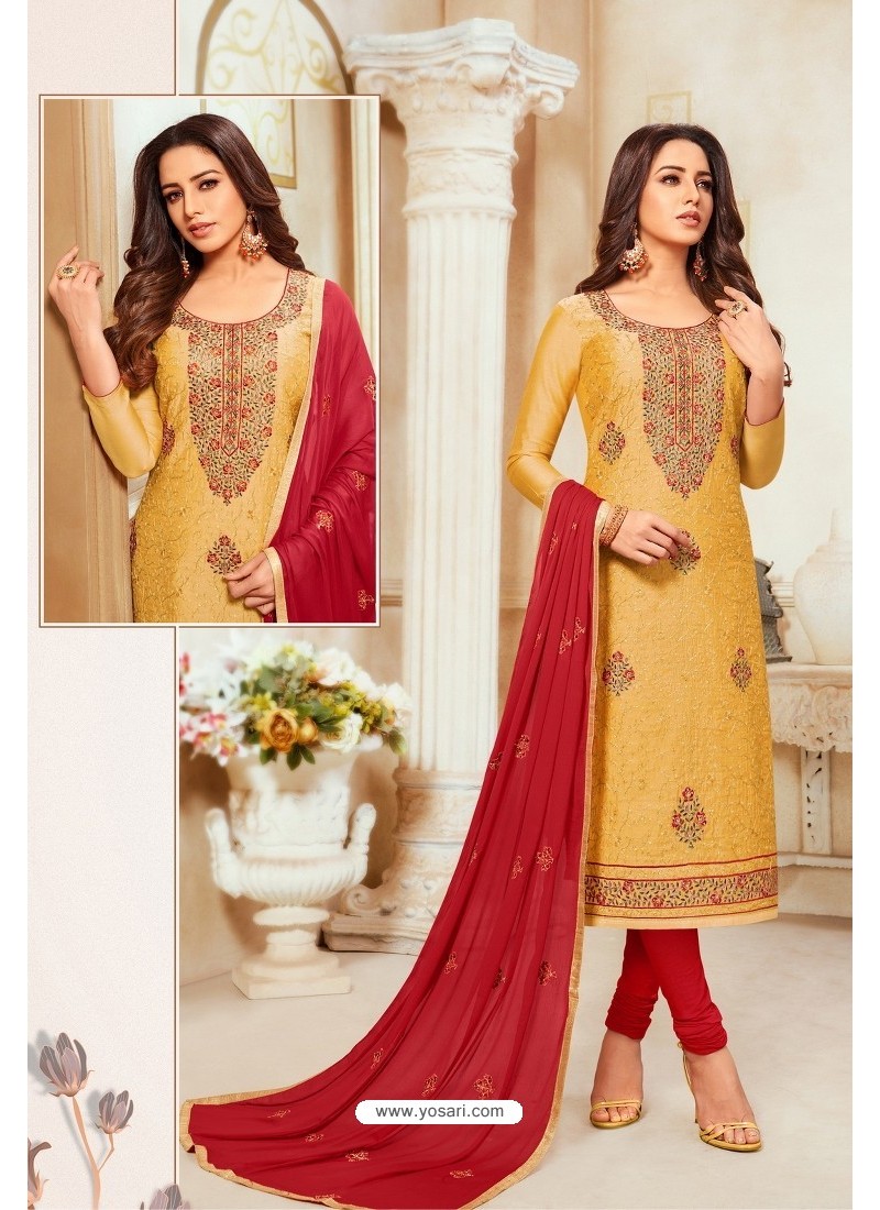 Buy Aanchal Creation Women's Silk Blend Yellow & Red Readymade Salwar Suit  (X-Large, Pack of 1) at Amazon.in