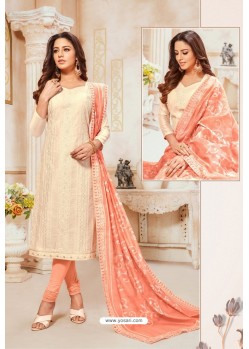 Off White And Peach Modal Silk Churidar Suit