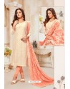 Off White And Peach Modal Silk Churidar Suit