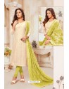 Off White And Green Modal Silk Churidar Suit