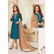 Teal Blue And Beige Soft Silk Churidar Suit