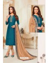 Teal Blue And Beige Soft Silk Churidar Suit