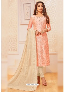 Peach And Cream Jacquard Silk Churidar Suit