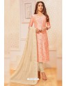 Peach And Cream Jacquard Silk Churidar Suit