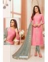 Light Pink And Grey Modal Silk Designer Churidar Suit
