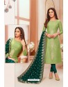 Green And Teal Modal Silk Designer Churidar Suit