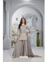 Grey Heavy Chanderi Silk Designer Short Top Palazzo Suit