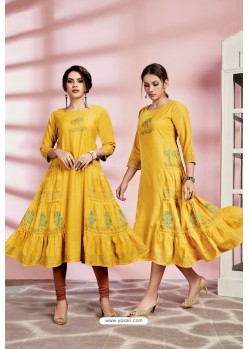 Yellow Rayon Liquid Party Wear Readymade Kurti