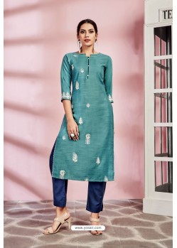 Teal Rayon Designer Party Wear Readymade Kurti