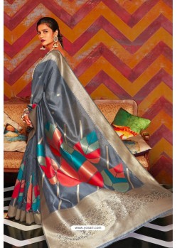 Grey Soft Crystal Silk Party Wear Saree