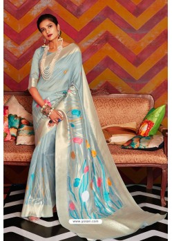 Aqua Grey Soft Crystal Silk Party Wear Saree