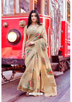 Beige Pure Taspa Silk Designer Saree