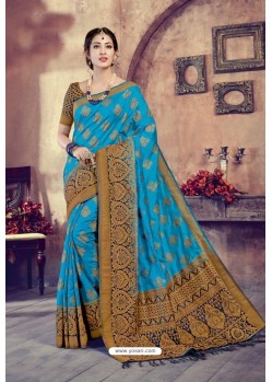 Turquoise Blue Silk Jacquard Work Designer Saree