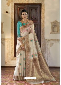 Stylish Off White Mulberry Silk Jacquard Work Designer Saree