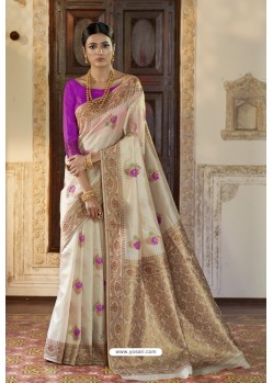 Lovely Off White Mulberry Silk Jacquard Work Designer Saree