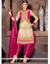 Glamorous Cream And Hot Pink Lace Work Designer Patiala Salwar Kameez