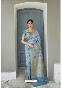 Sky Blue Silk Jacquard Work Designer Saree