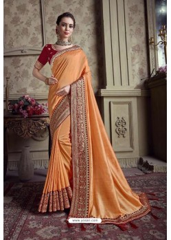Orange Designer Party Wear Satin Silk Saree
