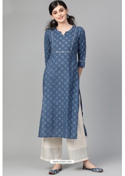 Peacock Blue Casual Wear Cambric Cotton Kurti