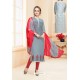 Grey And Red Heavy Cotton Embroidered Churidar Suit