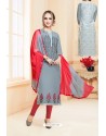 Grey And Red Heavy Cotton Embroidered Churidar Suit