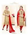 Beige And Red Heavy Cotton Embroidered Churidar Suit