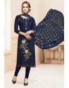 Navy Blue Heavy Cotton Embroidered Churidar Suit