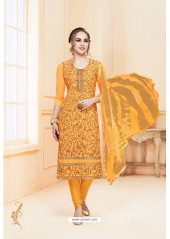 Yellow Heavy Cotton Embroidered Churidar Suit