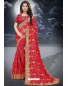 Red Designer Heavy Worked Two Tone Vichitra Silk Saree