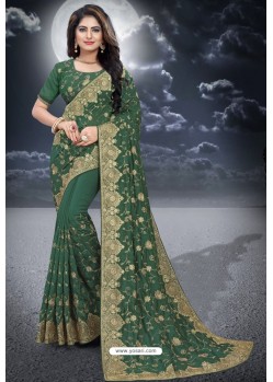 Dark Green Designer Heavy Worked Two Tone Vichitra Silk Saree