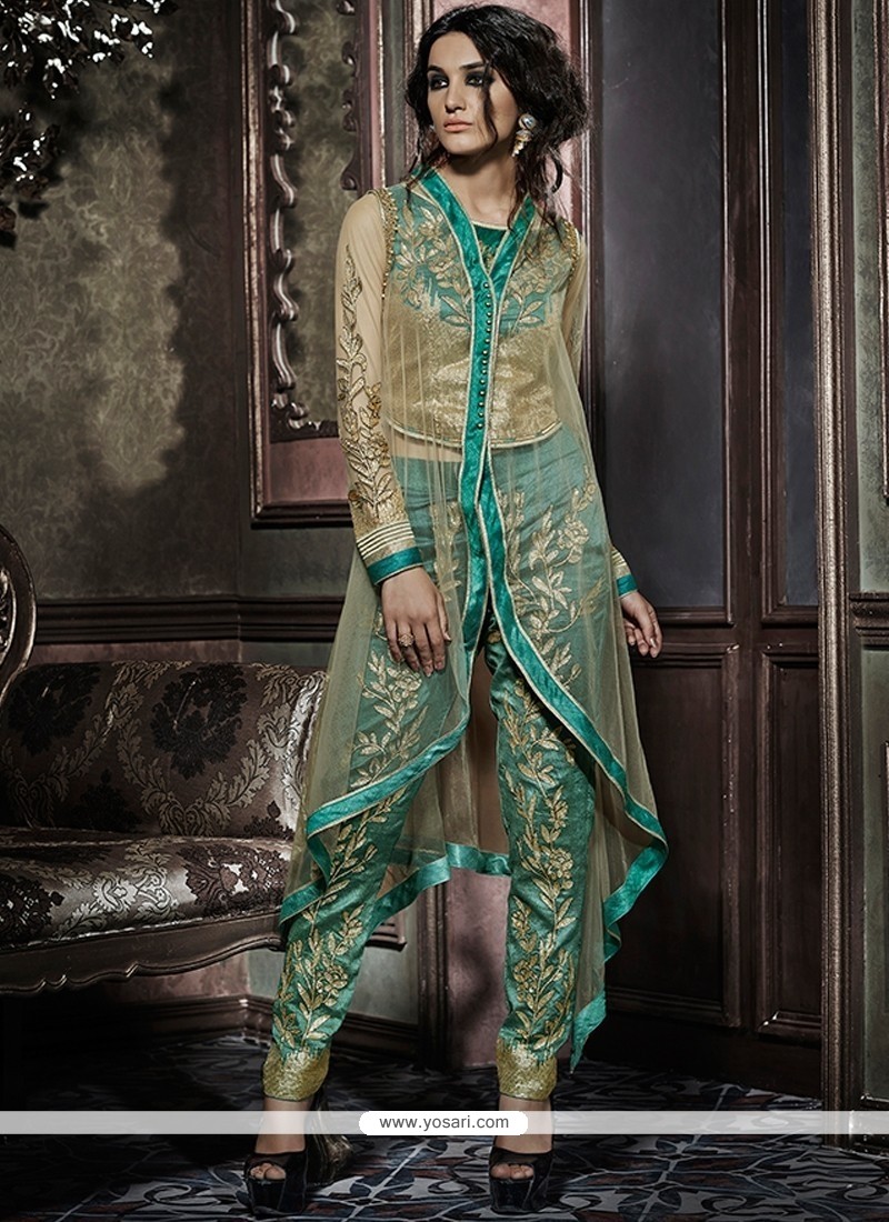 Divine Zari Work Silk Cream And Green Designer Salwar Suit