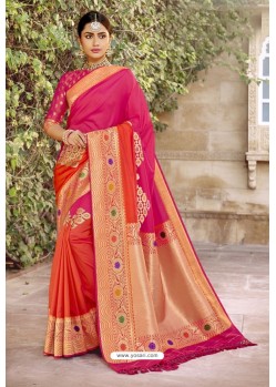 Rani Pink And Red Traditional Designer Banarasi Silk Saree