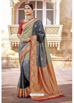 Grey And Multi Traditional Designer Banarasi Silk Saree