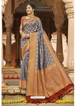 Grey Silk Designer Jacquard Worked Silk Saree