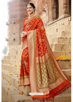 Orange Silk Designer Jacquard Worked Silk Saree