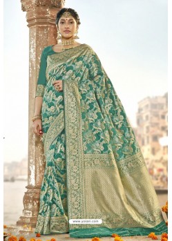 Forest Green Silk Designer Jacquard Worked Silk Saree