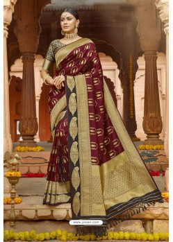 Maroon Silk Designer Jacquard Worked Silk Saree