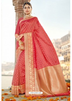 Beautiful Crimson Silk Designer Jacquard Worked Silk Saree