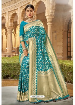 Turquoise Blue Designer Traditional Wear Silk Saree