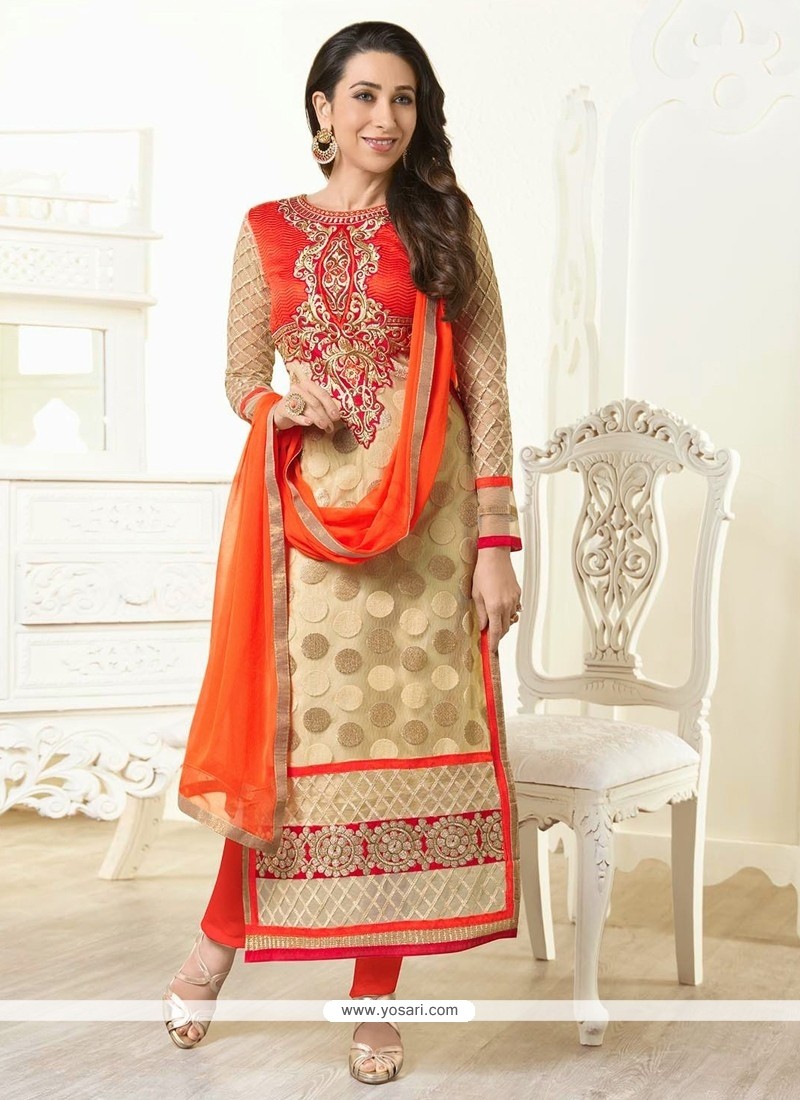 Karishma Kapoor Cream And Orange Georgette Churidar Suit