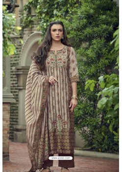 Beige Pure Heavy Chanderi Silk Designer Straight Suit