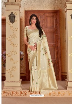 Light Beige Designer Traditional Wear Banarasi Soft Silk Saree